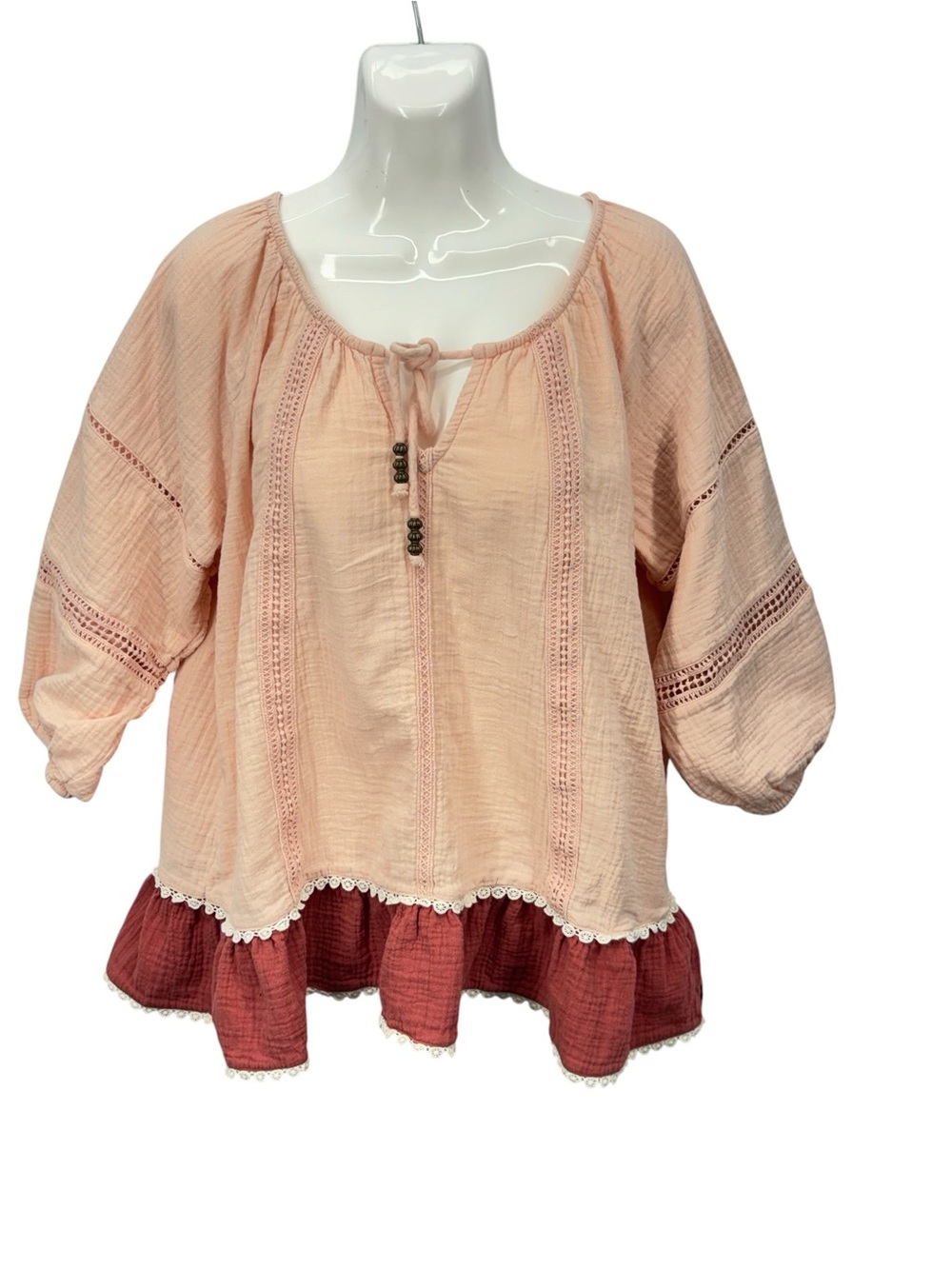 Matilda Jane Pink Crinkle Gauze Lace Trim Tunic Top, Rust Ruffle Hem, Boho